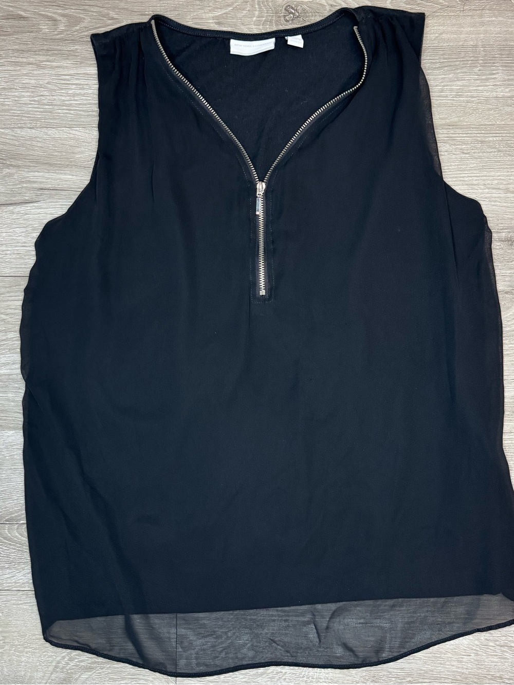 Black Sleeveless Zip Front Sheer Layered Hem Blouse Large